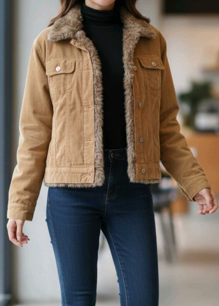 Cozy Faux Fur Collar Corduroy Jacket