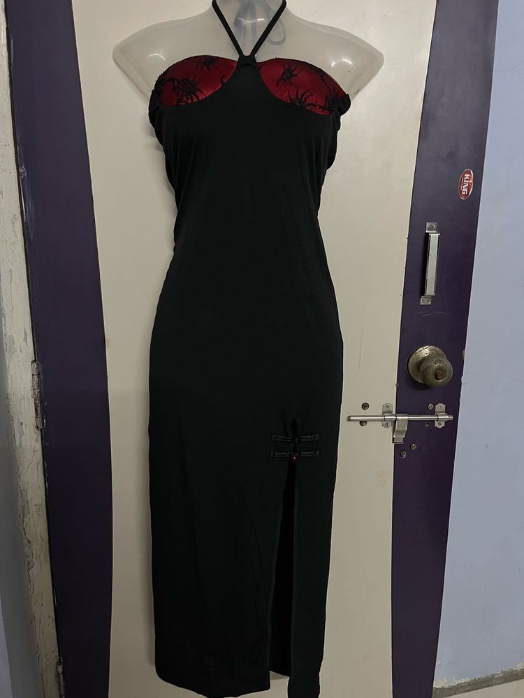 Corset Black Halter Dress with Red Detail