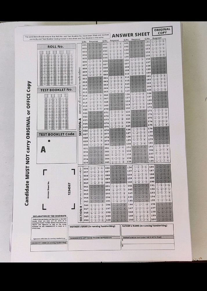 NEET UG OMR SHEET PRINT