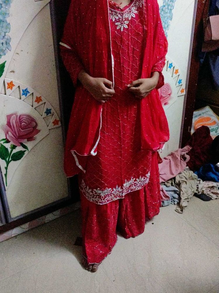 Red Embroidered Kurta Set