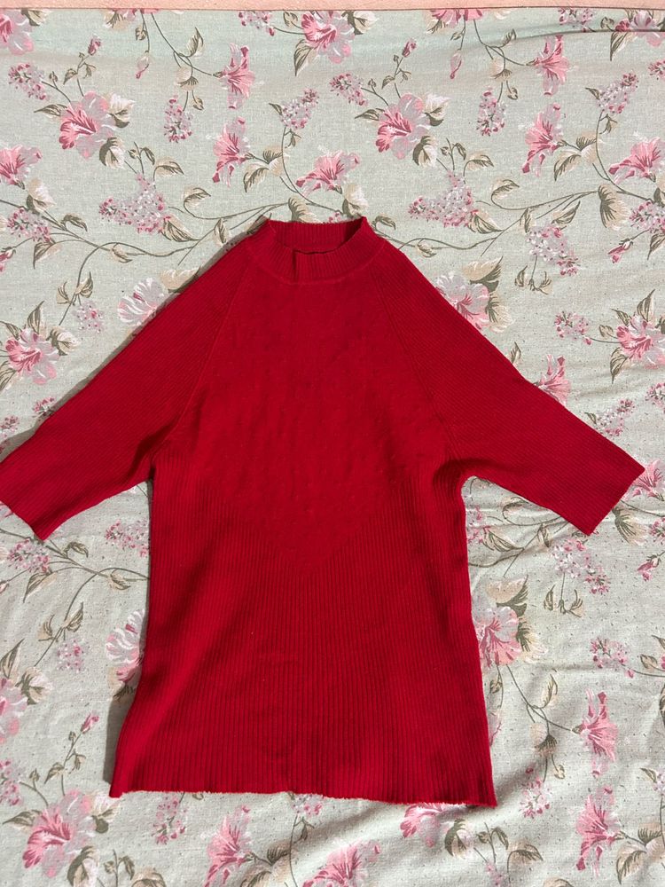 Red Ribbed Mock Neck Top