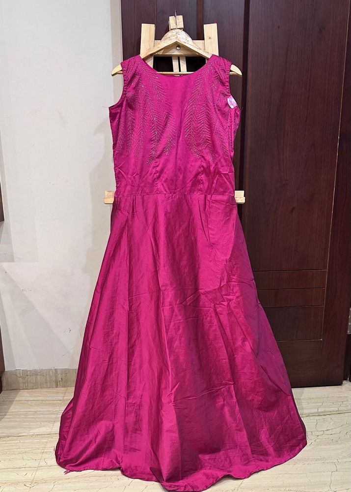 Pink Silk Stone Embroidered Long Gown