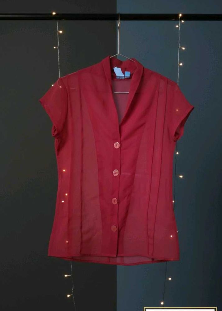 Red Sheer Button-Down Top