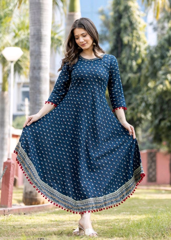 Navy Blue Pom-Pom Trim Midi Dress