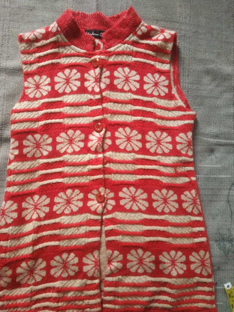 Red Floral Sleeveless Cardigan