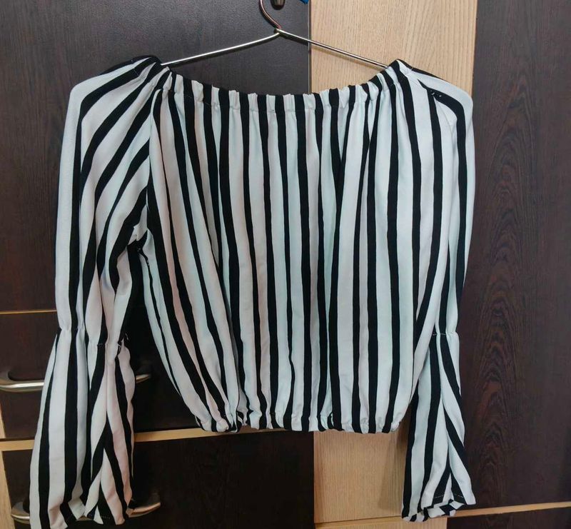 Striped Bell Sleeve off shoulder Crop Top