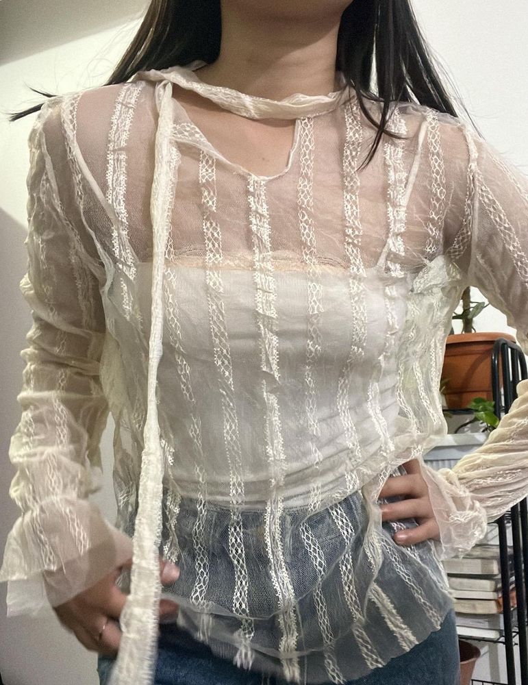 Sheer Ivory Tie Top