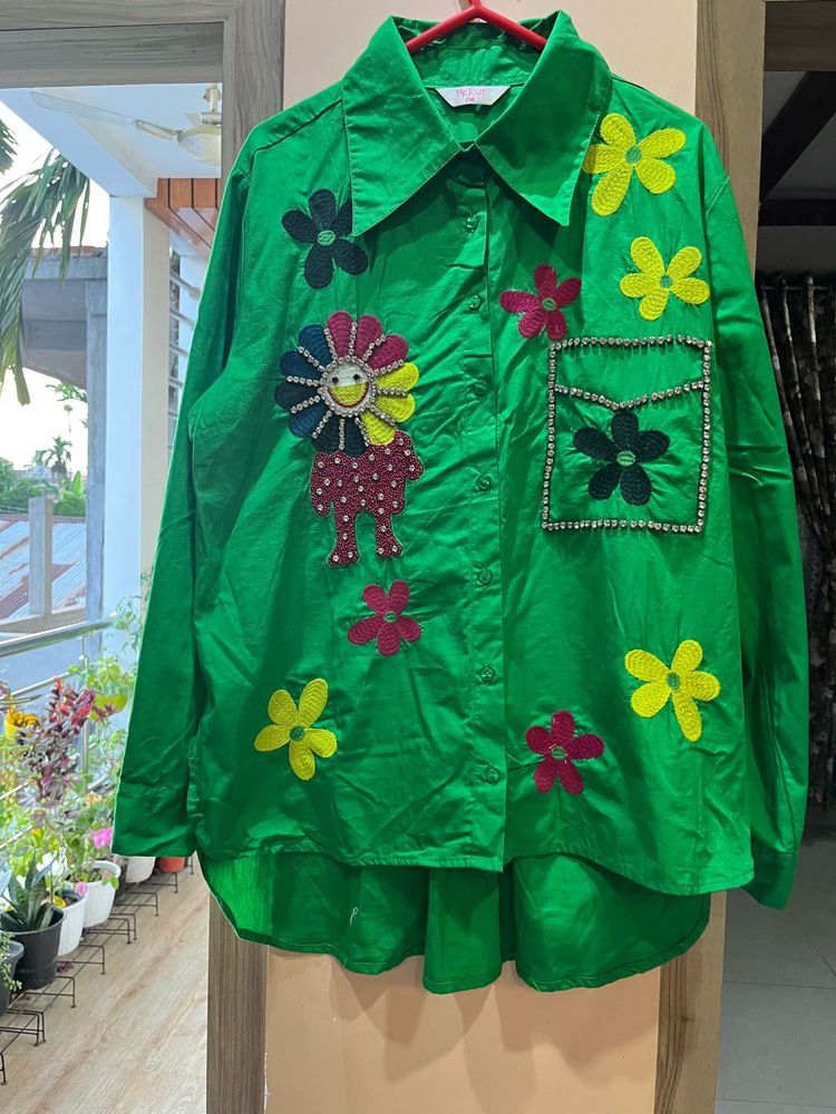 Quirky Embellished Green Patchwork Shirt