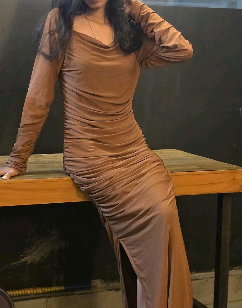 Brown Ruched Bodycon Dress