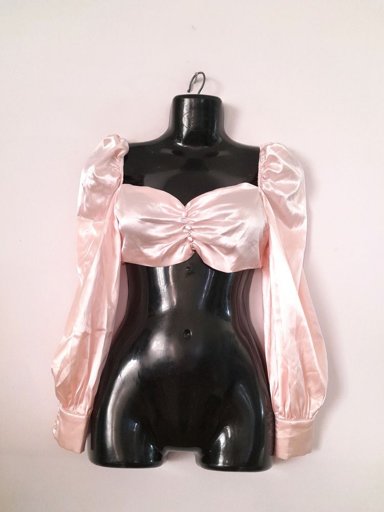 Pink Satin Puff Sleeve Crop Top
