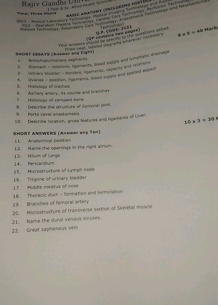 Basic Anatomy Including Histology Question Papers