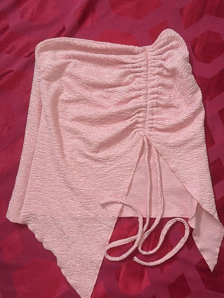 Pink Ruched Drawstring Crop Tube Top