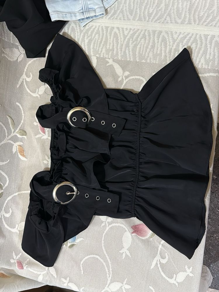 Black Belted Ruffle Top