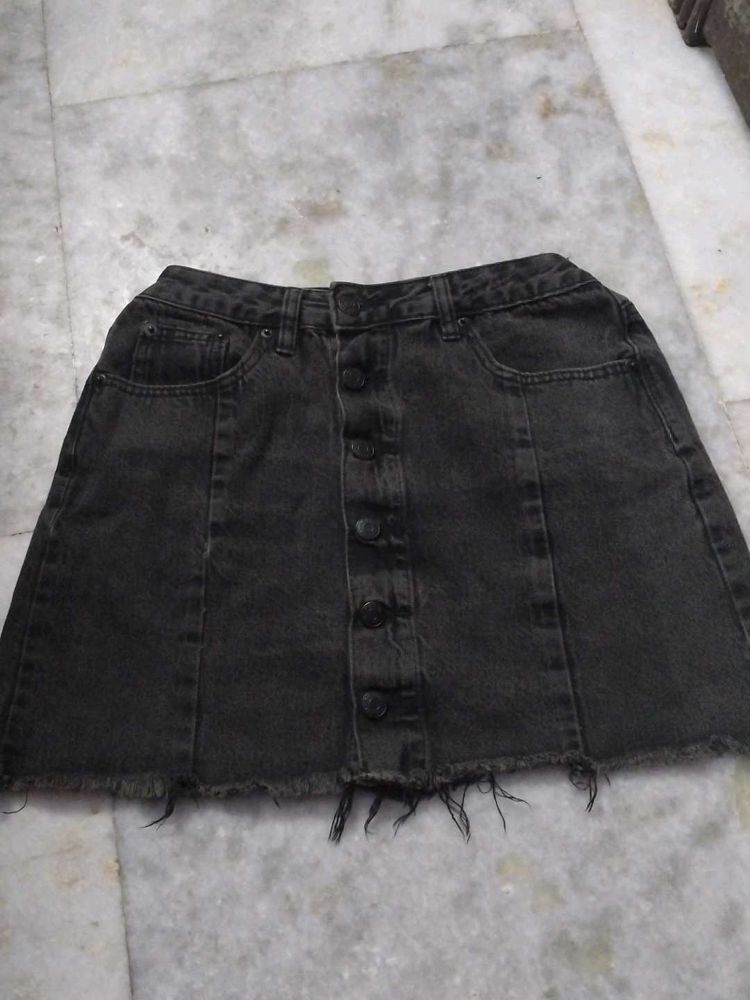 Black Denim Mini Skirt - Button Front