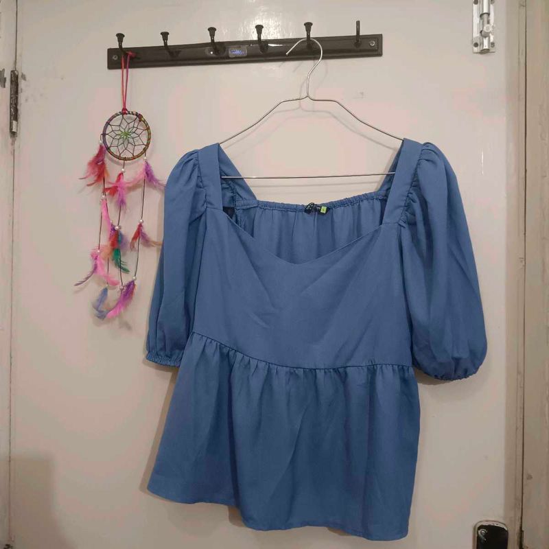 Blue Square Neck Puff Sleeve Top