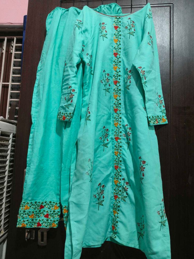 Aqua Floral Embroidered Salwar Kameez