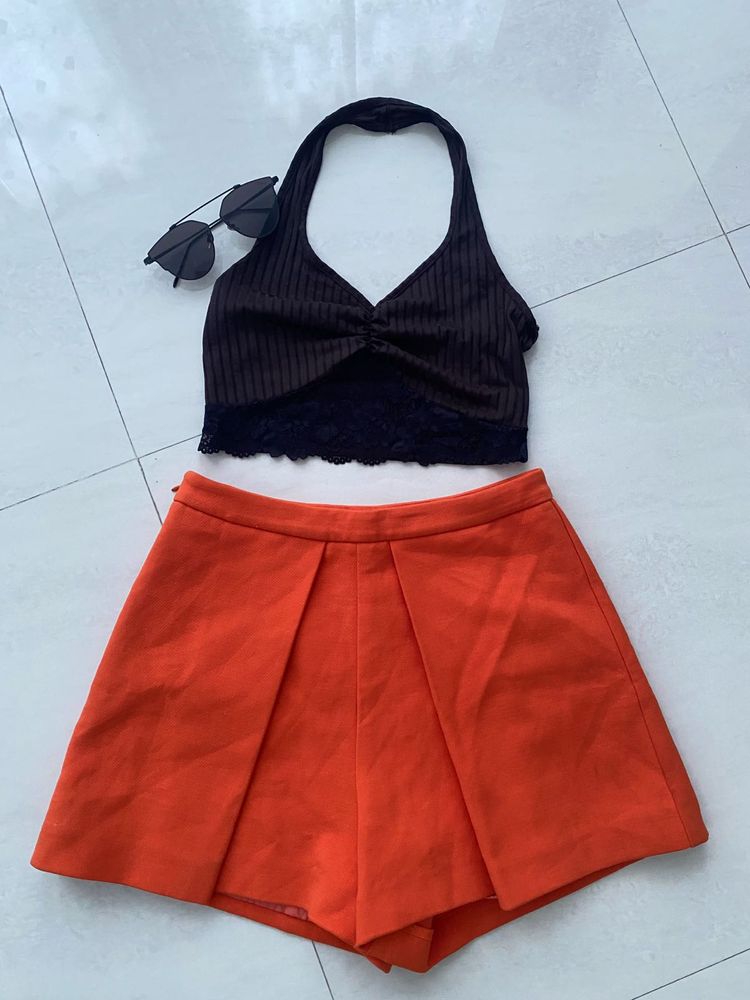 Orange Pleated Shorts &amp; Halter Top