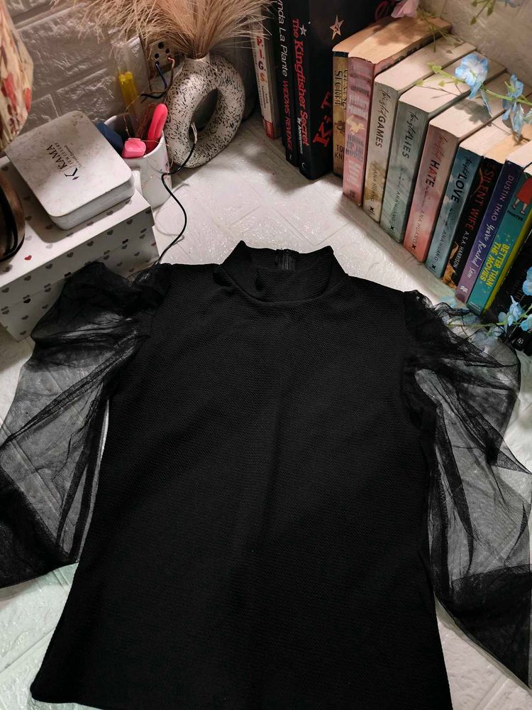 Black Mock Neck Top with Mesh Sleeves