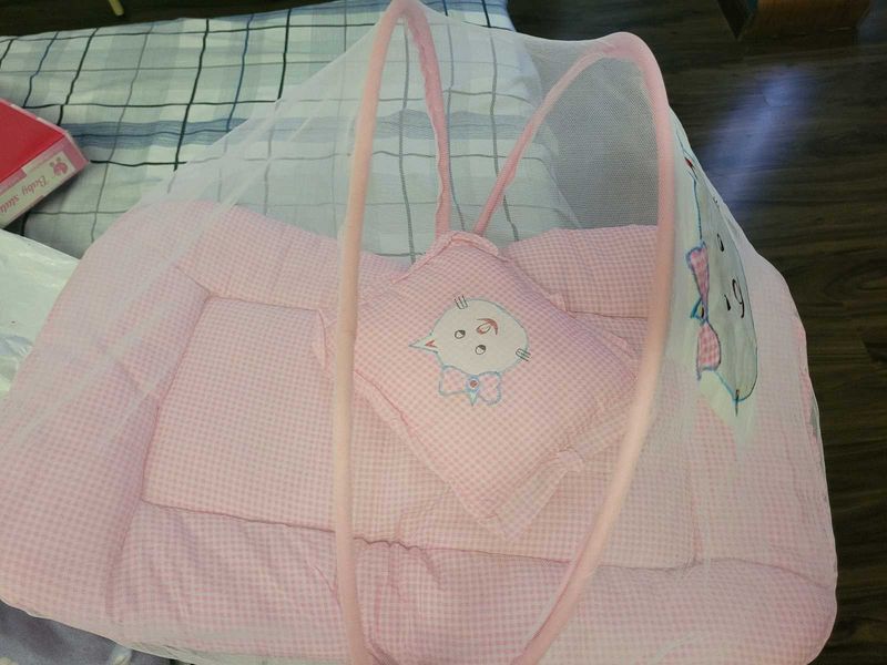 Pink Baby Mattress With Net And Pillow