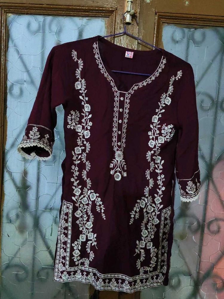 Maroon Embroidered Kurta