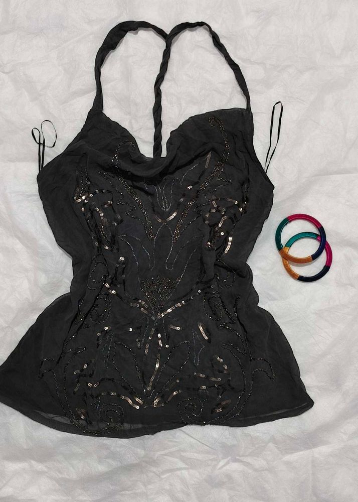 Y2K gray Embellished Halter Top