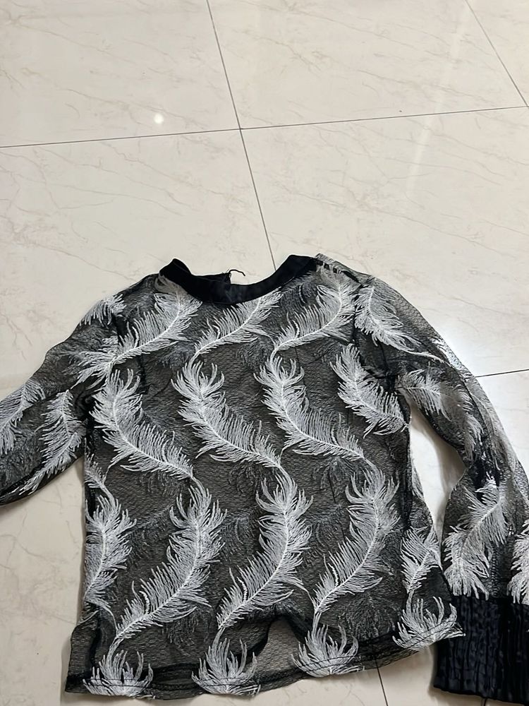 Feather Print Long Sleeve Sheer Top
