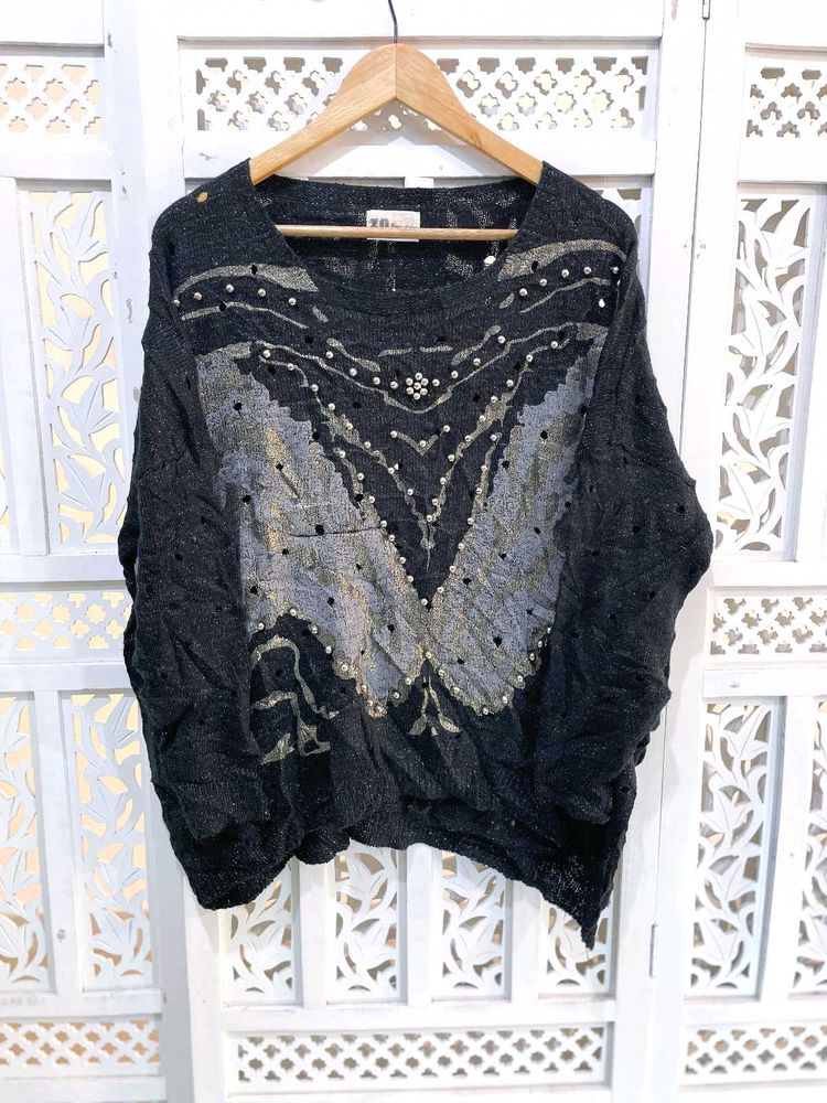 Oversized Elegant Black Embellished Top A