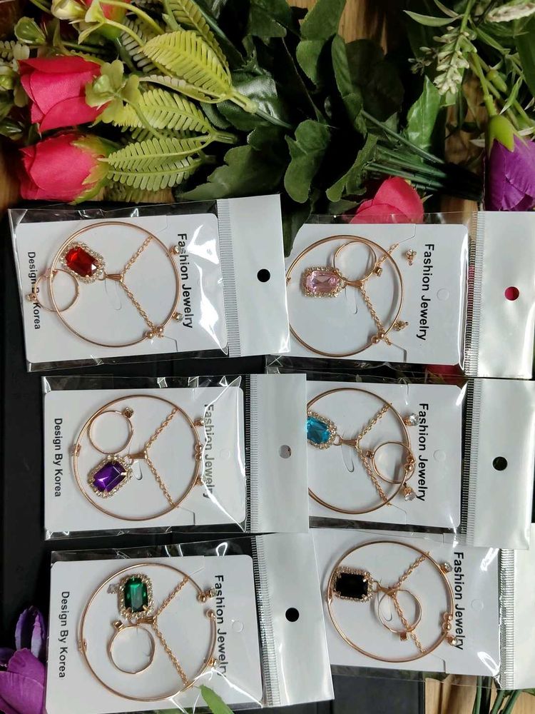 Rose Gold Colorful Gemstone Pendent &amp; Ring Set