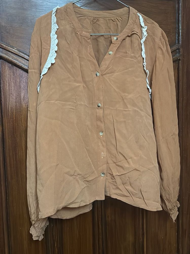 Mustard Button Up Blouse with Lace Detail