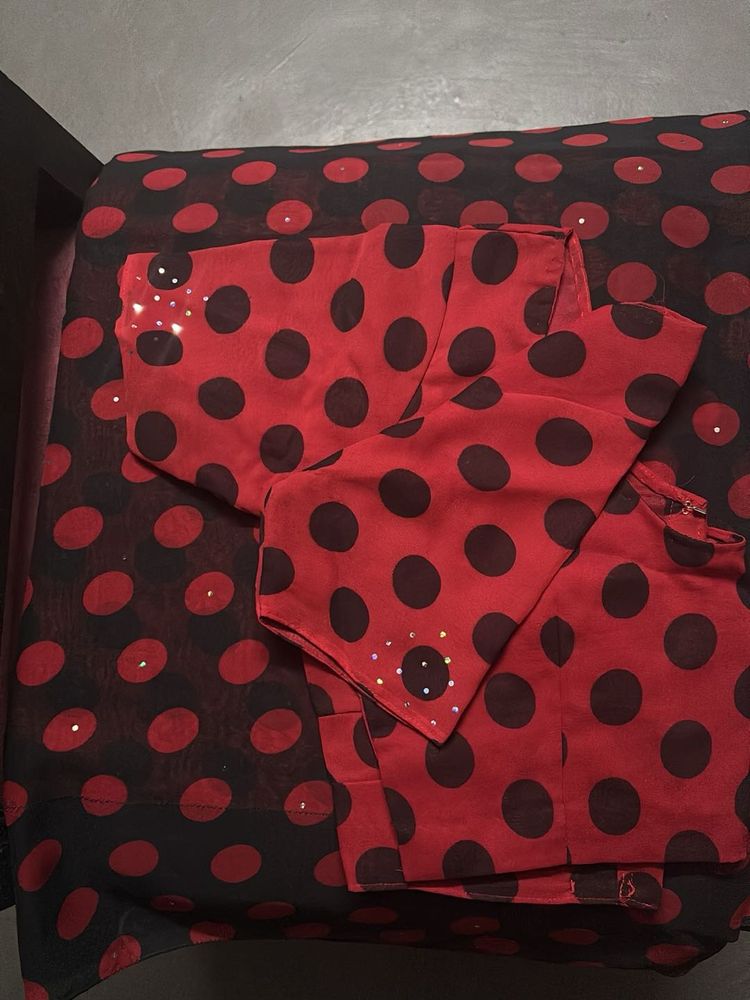 Red &amp; Black Polka Dot Saree
