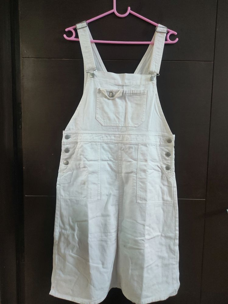 White Denim Dungaree With Pockets
