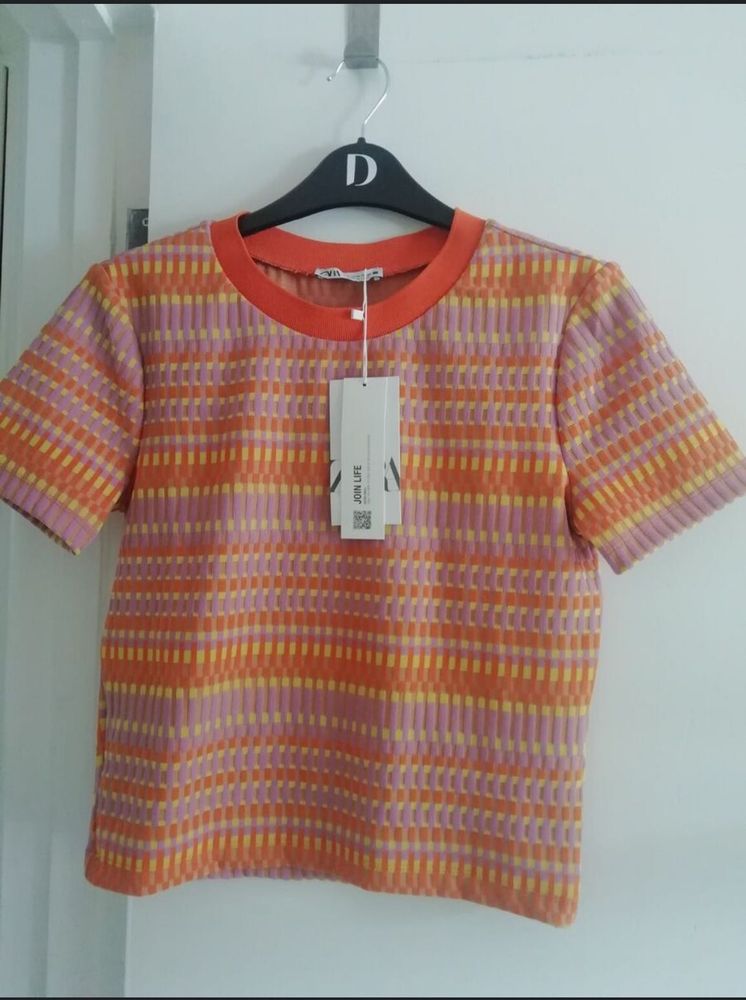 Zara Multi Coloured Textured T Shirt Size L