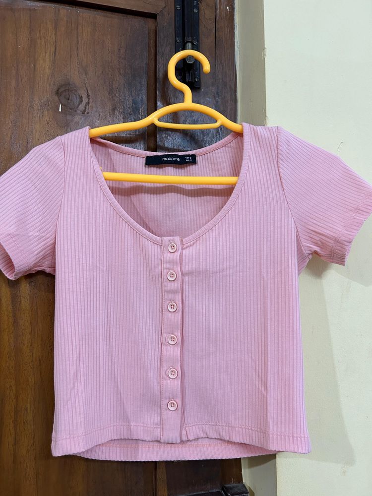 MADAME Ribbed Button-Down Top
