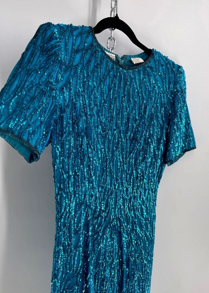 vintage Laurence Kazar turquoise sequin dress