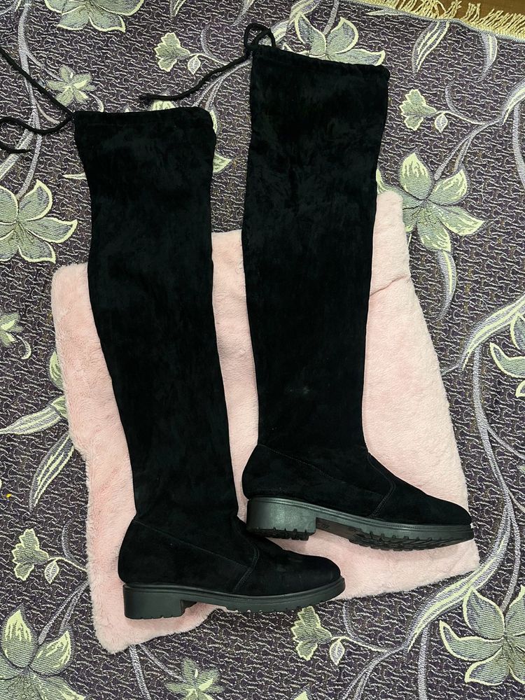 Black Suede Thigh High Flat Boots