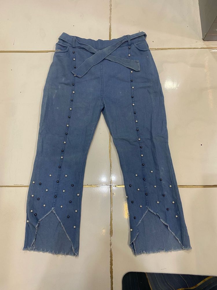 Beaded Denim Flare Pants