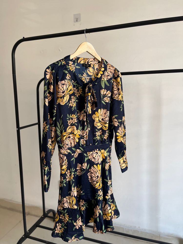 Yellow Bluish Floral Print Drop Waist Midi Dress