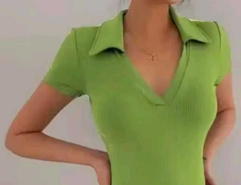 Green Ribbed Polo Top