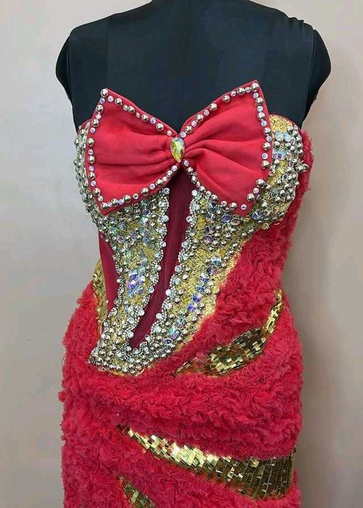 CHERRY RED COUTURE CINDRELLA GOWN IN FUR