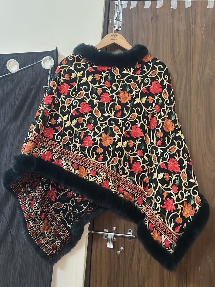 Floral Embroidered Shawl with Faux Fur