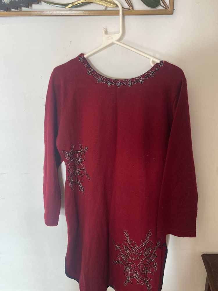 Red Embroidered Woollen Kurta