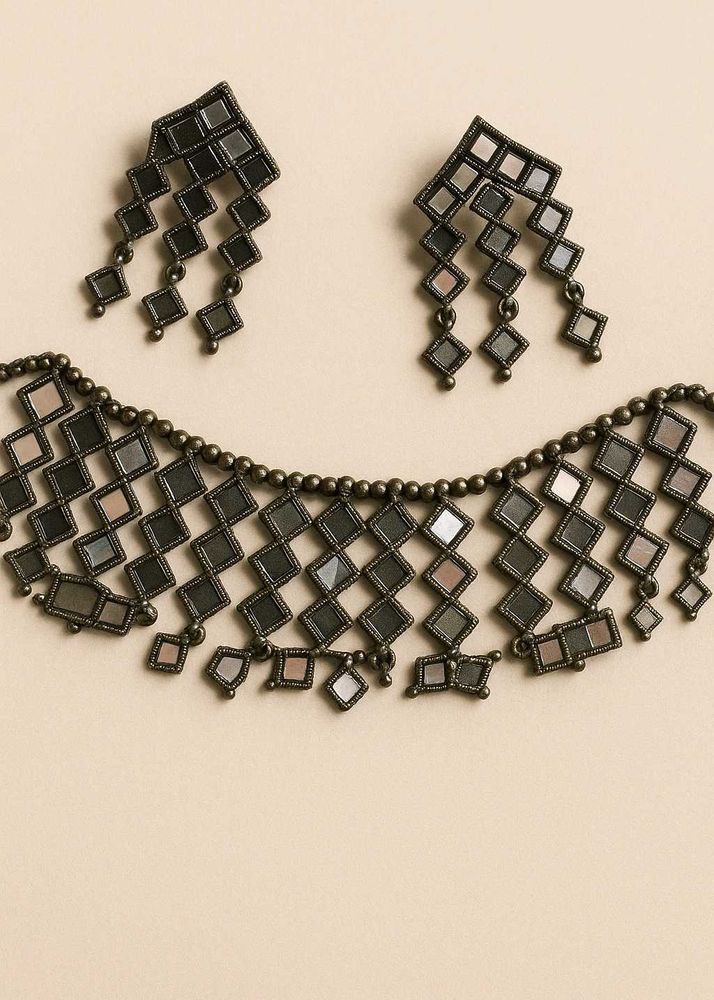 Trendy Oxidised Mirror Choker Set with Earrings