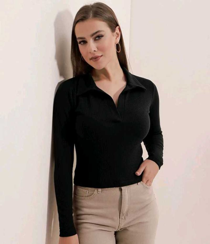 Black Long Sleeve Polo Top
