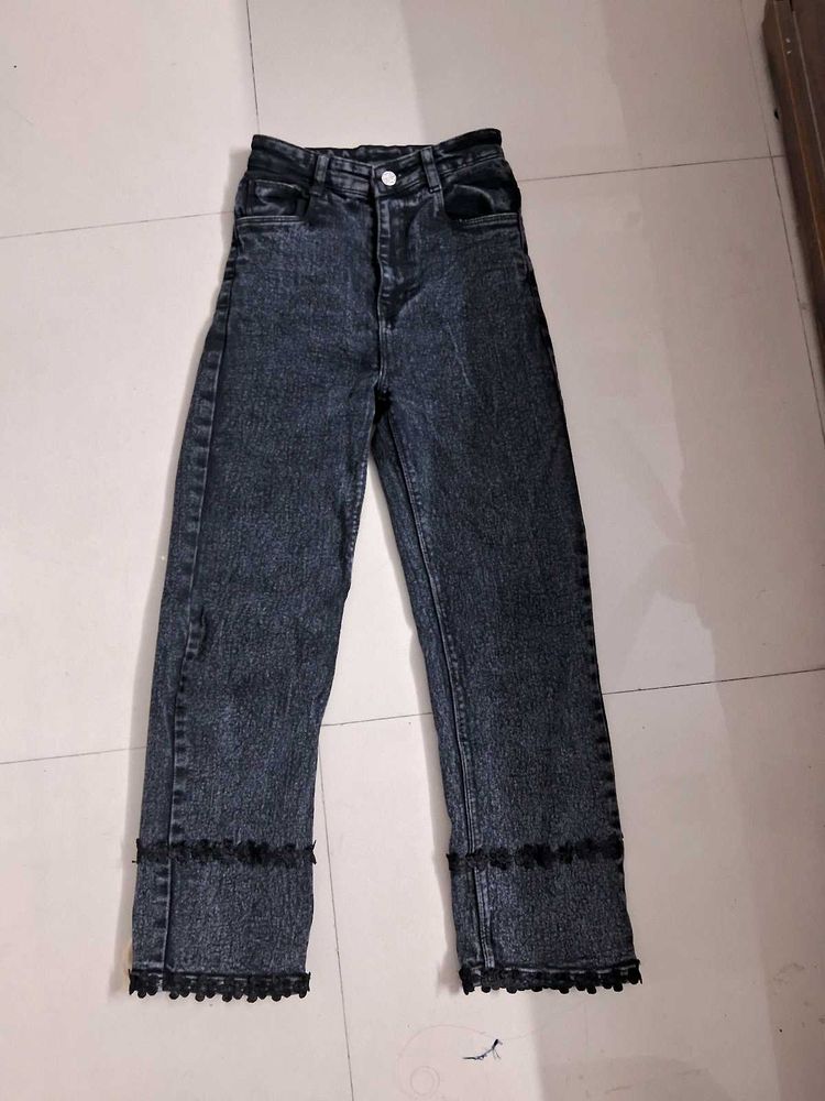 Acid Wash Jeans with Lace Hem