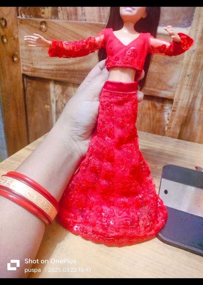 Red Barbie Or Blythe Doll Lehenga Choli Set