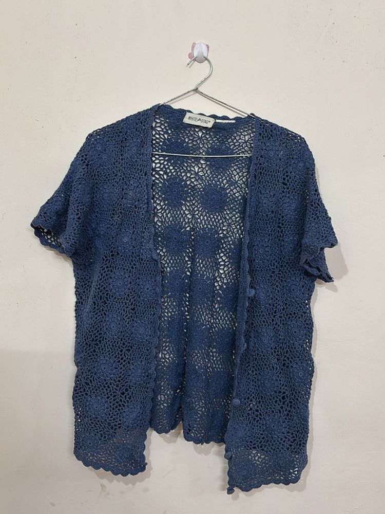 Blue Crochet Knit Cardigan