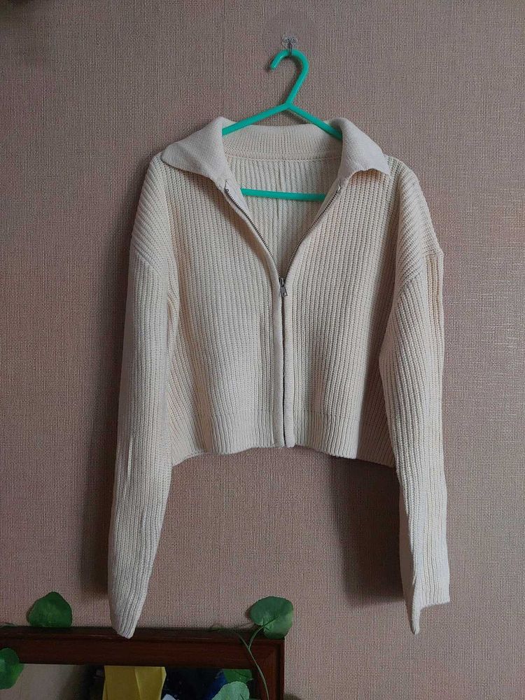 Cream Knit Zip-Up Jacket