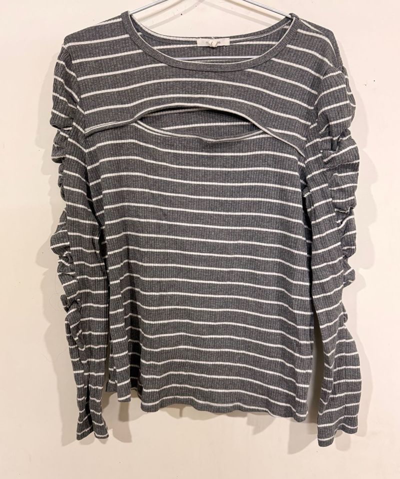 Striped Cutout Rouched Sleeve Top