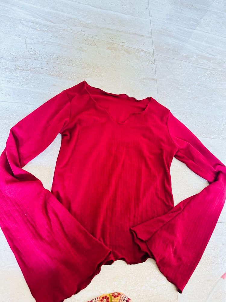 Red Flared Sleeve Top