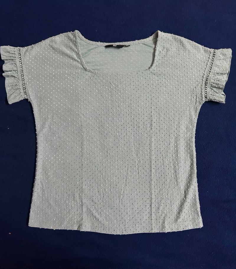 Light Green Swiss Dot Ruffle Sleeve Top